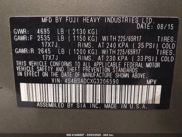 Subaru Outback 2.5i Premium 2016 4S4BSADCXG3206590 Image 9