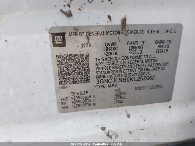 3GNCJLSB0KL252662 Chevrolet Trax Lt