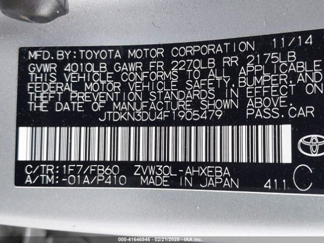 JTDKN3DU4F1905479 Toyota Prius Three