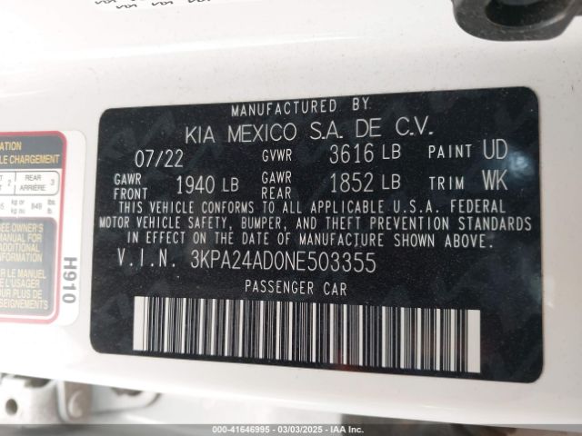 3KPA24AD0NE503355 KIA RIO S