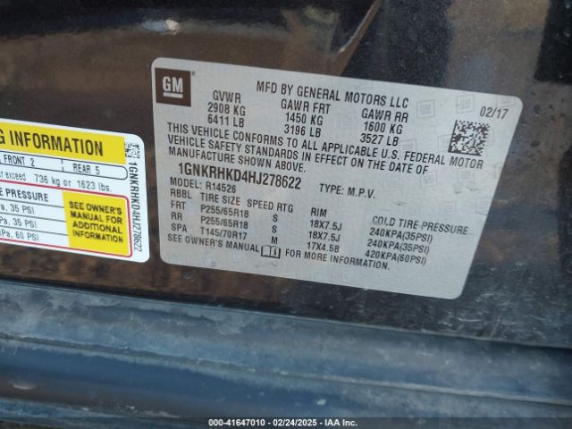 1GNKRHKD4HJ278622 Chevrolet Traverse 2lt