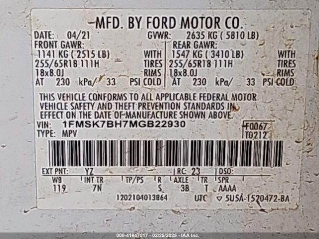 1FMSK7BH7MGB22930 Ford Explorer
