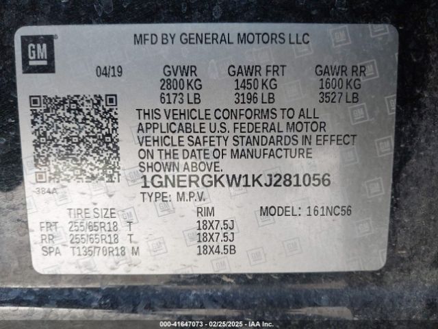 1GNERGKW1KJ281056 Chevrolet Traverse 1lt