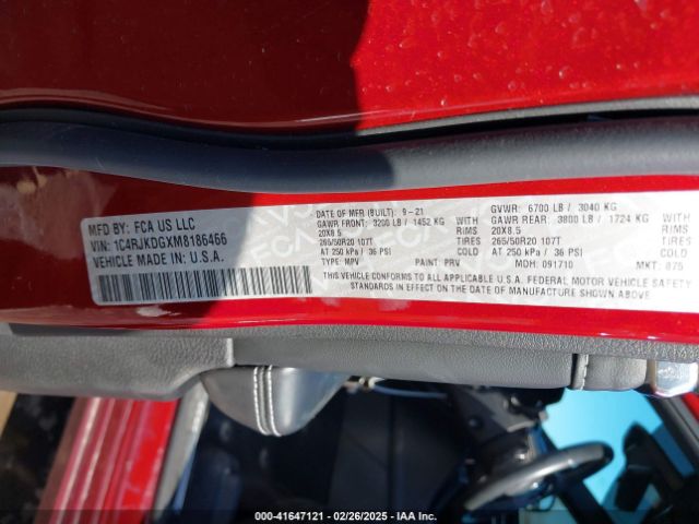 1C4RJKDGXM8186466 Jeep Grand Cherokee L Overland 4x4