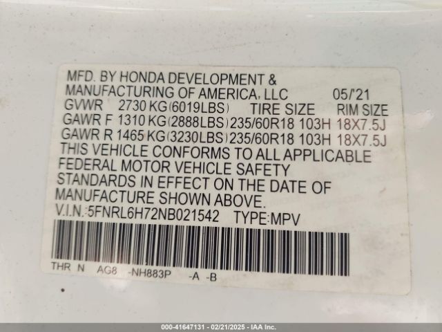 2022 HONDA ODYSSEY 5FNRL6H72NB021542 Photo 8