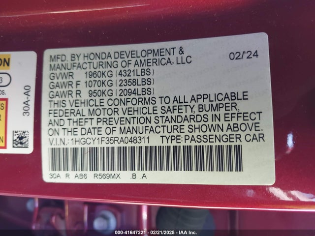 1HGCY1F35RA048311 Honda ACCORD EX