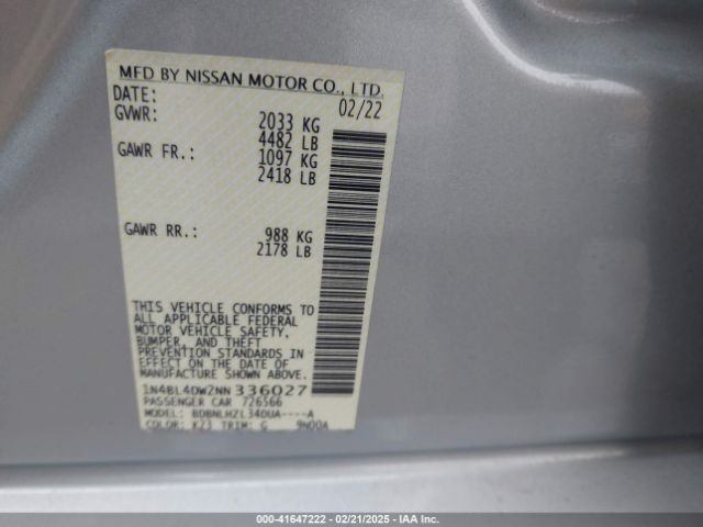 1N4BL4DW2NN336027 Nissan Altima Sv Intelligent Awd