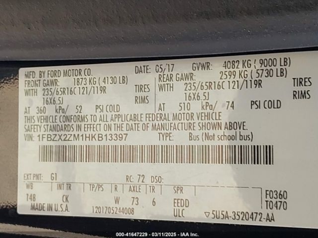 1FBZX2ZM1HKB13397 Ford Transit Xlt