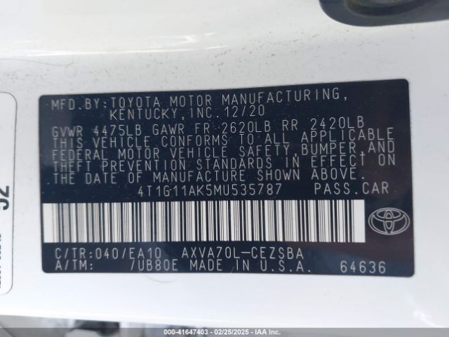 4T1G11AK5MU535787 Toyota CAMRY SE