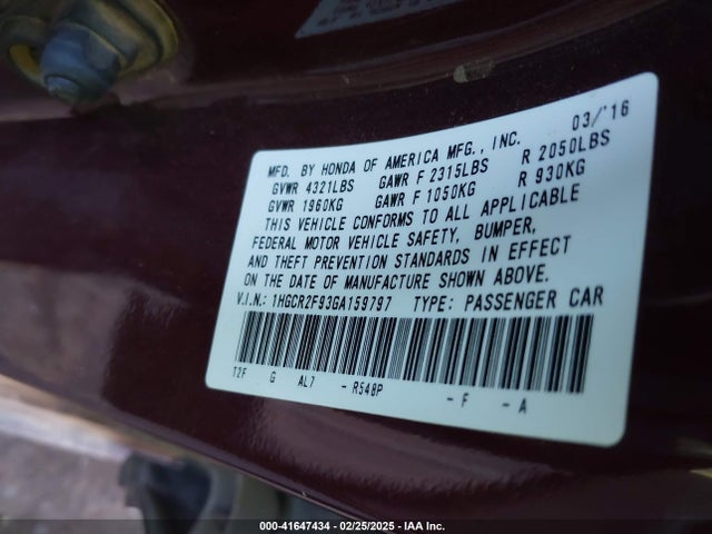 1HGCR2F93GA159797 Honda Accord Ex-l