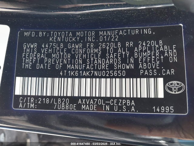 4T1K61AK7NU025650 Toyota CAMRY XSE