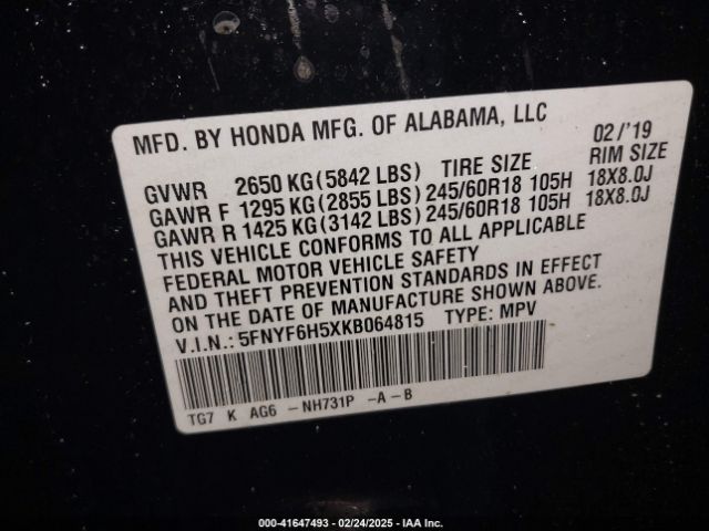 5FNYF6H5XKB064815 Honda Pilot Ex-l