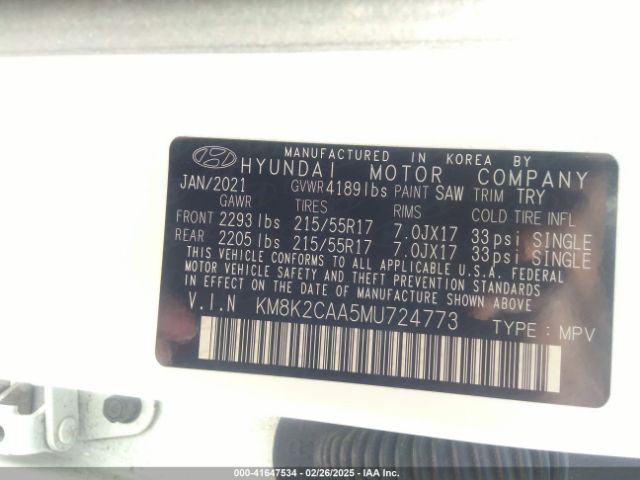 KM8K2CAA5MU724773 Hyundai Kona Sel