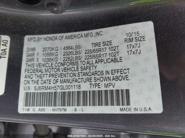 5J6RM4H57GL001118 Honda CR-V EX