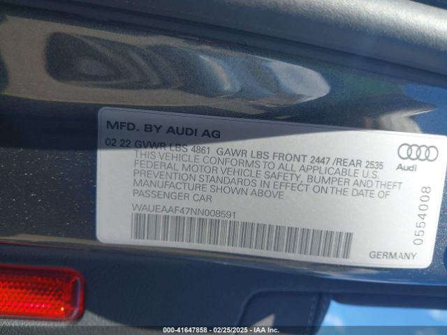 WAUEAAF47NN008591 Audi A4 Premium Plus 45 Tfsi S Line Quattro S Tronic