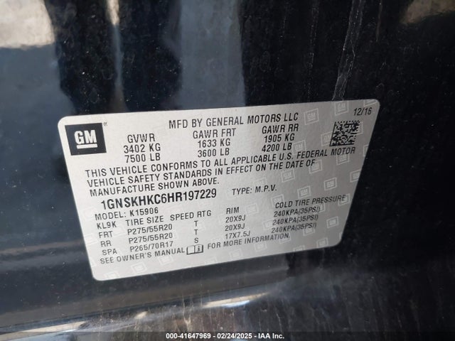 1GNSKHKC6HR197229 Chevrolet l83 - sidi: spark ignited direct injection, vvt: variable valve timing, afm, e85 max, alum