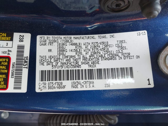 5TFUY5F1XEX350905 Toyota Tundra Sr5 5.7l V8