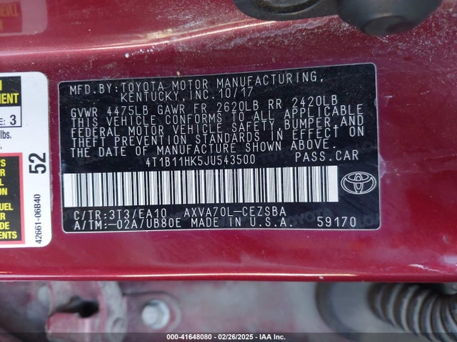 4T1B11HK5JU543500 Toyota CAMRY SE
