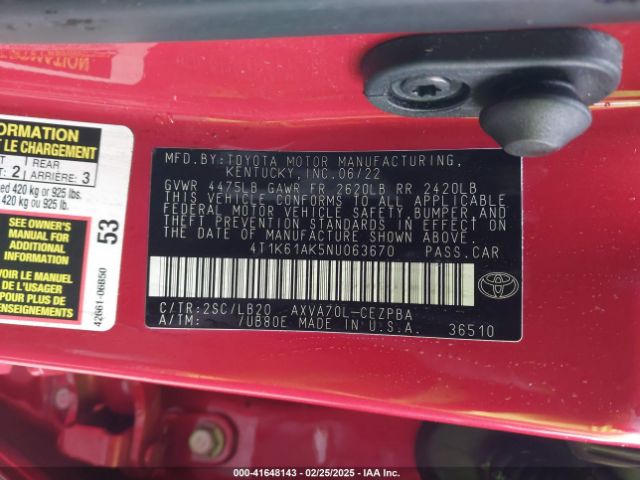 4T1K61AK5NU063670 Toyota CAMRY XSE