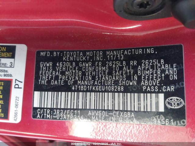 4T1BD1FK6EU108288 Toyota Camry Hybrid Xle