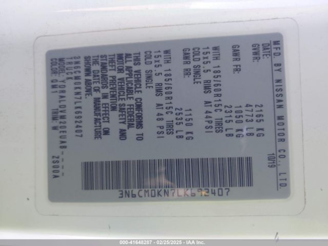 3N6CM0KN7LK692407 Nissan Nv200  Cargo S Xtronic Cvt
