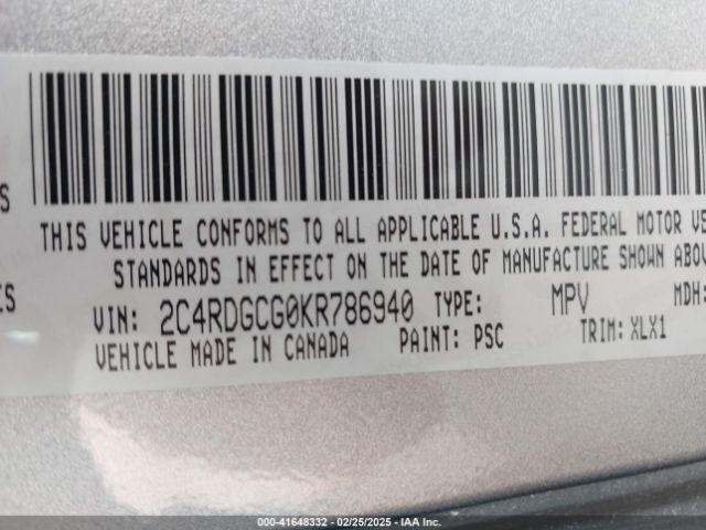 2C4RDGCG0KR786940 Dodge Grand Caravan Sxt