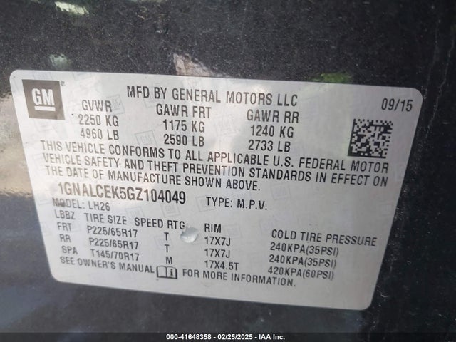 1GNALCEK5GZ104049 Chevrolet EQUINOX LT