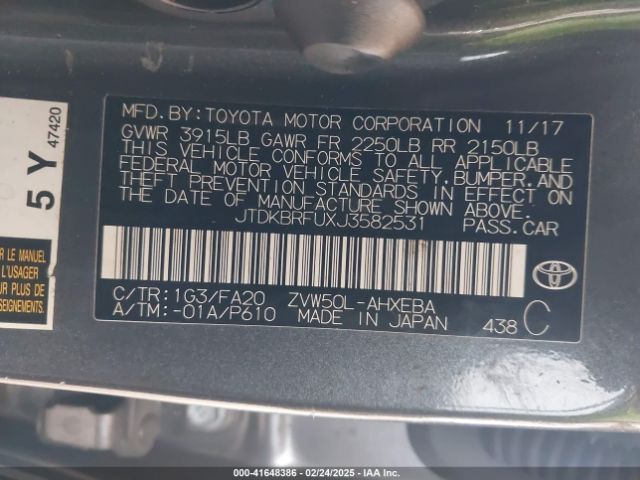 JTDKBRFUXJ3582531 Toyota 2zr-fxe,1nm
