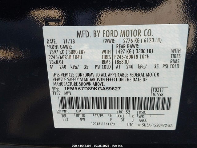 Ford EXPLORER XLT 2019 1FM5K7D89KGA59627 Image 9