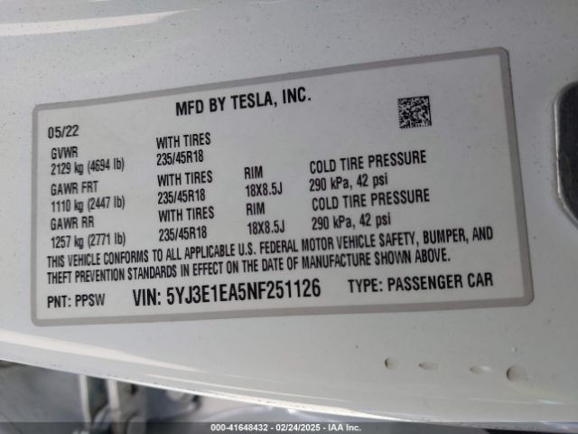 5YJ3E1EA5NF251126 Tesla Model 3 Rear-wheel Drive
