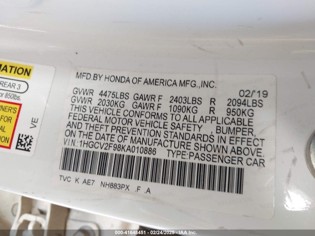 Honda k20c4 2019 1HGCV2F98KA010886 Image 9