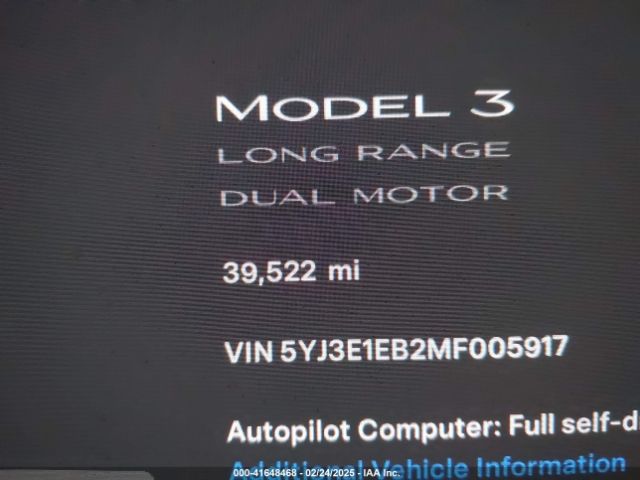 5YJ3E1EB2MF005917 Tesla Model 3 Long Range Dual Motor All-wheel Drive