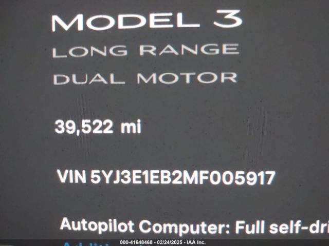 5YJ3E1EB2MF005917 Tesla Model 3 Long Range Dual Motor All-wheel Drive