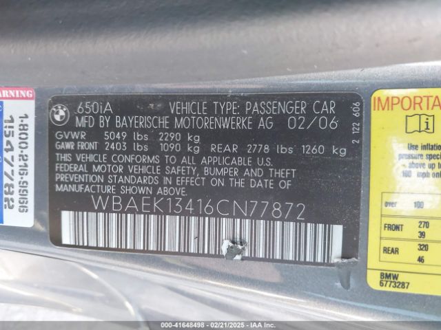 2006 BMW 650I WBAEK13416CN77872 Photo 8