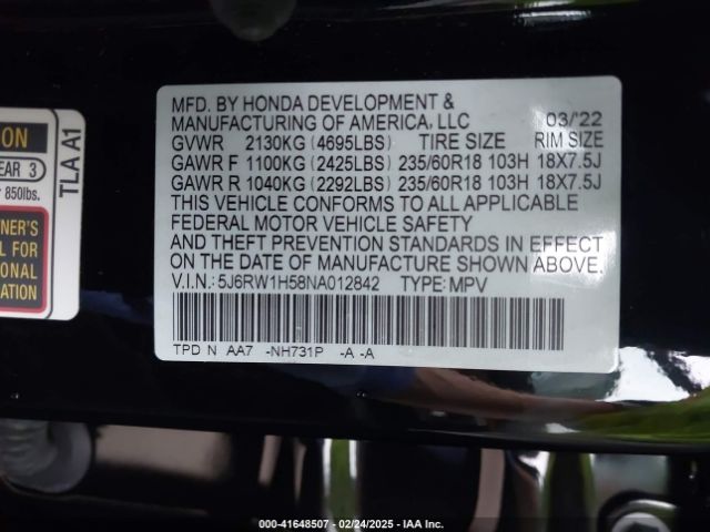 5J6RW1H58NA012842 Honda Cr-v 2wd Ex