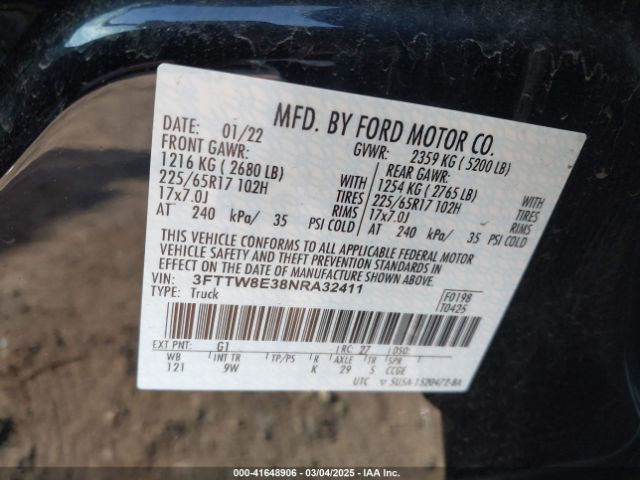 3FTTW8E38NRA32411 Ford Maverick Xl