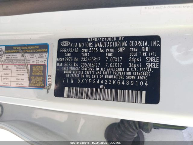 5XYPG4A33KG439104 KIA Sorento 2.4l Lx