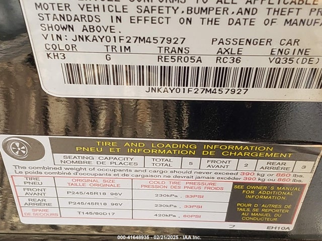 Продажа на аукционе авто 2007 Infiniti M35x, vin: JNKAY01F27M457927, номер лота: 41648935