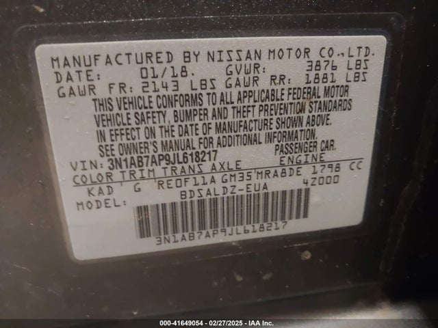 3N1AB7AP9JL618217 Nissan SENTRA SV