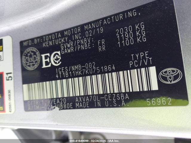4T1B11HK7KU751864 Toyota CAMRY SE