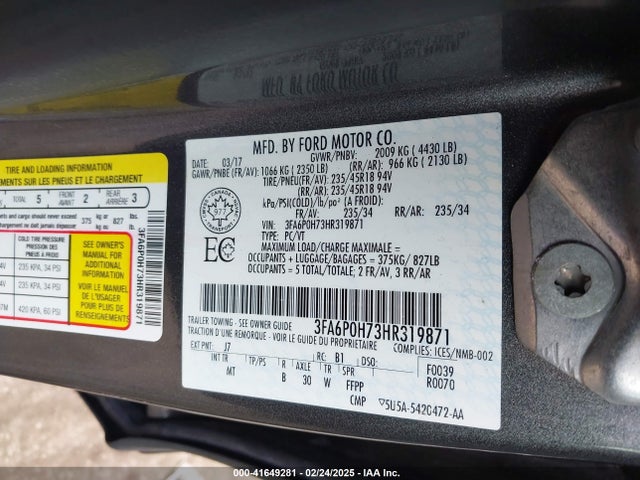 Ford FUSION SE 2017 3FA6P0H73HR319871 Image 9