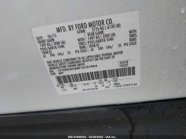 1FM5K8D88FGC61564 Ford EXPLORER XLT