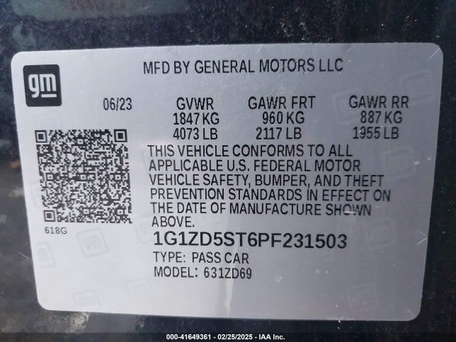 1G1ZD5ST6PF231503 Chevrolet Malibu Fwd 1lt