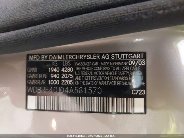 2004 Mercedes-benz C 230 Kompressor Sport/sport მანქანა იყიდება აუქციონზე, vin: WDBRF40J04A581570, აუქციონის ნომერი: 41649446