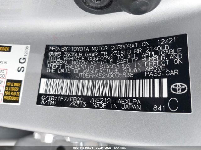 JTDEPMAE2N3005838 Toyota COROLLA LE