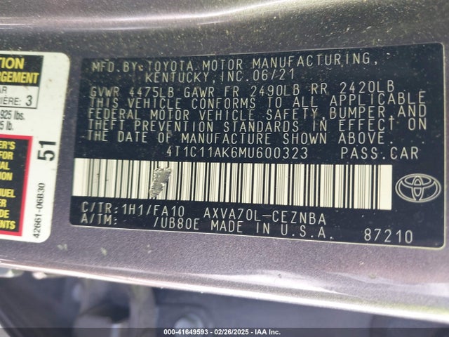 4T1C11AK6MU600323 Toyota CAMRY LE