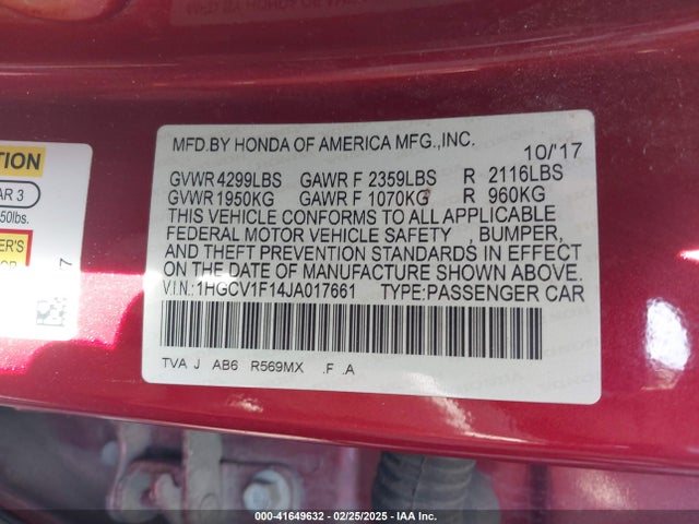 1HGCV1F14JA017661 Honda ACCORD LX