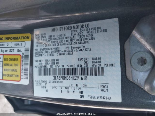 3FA6P0HD6HR291618 Ford FUSION SE