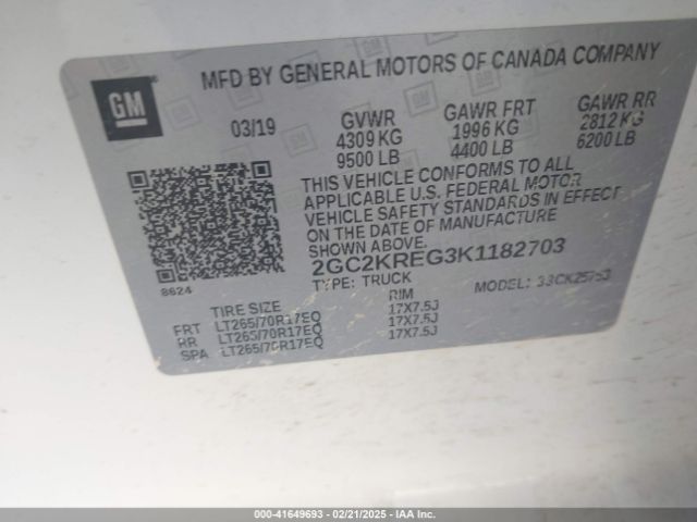 2GC2KREG3K1182703 Chevrolet Silverado 2500hd Wt