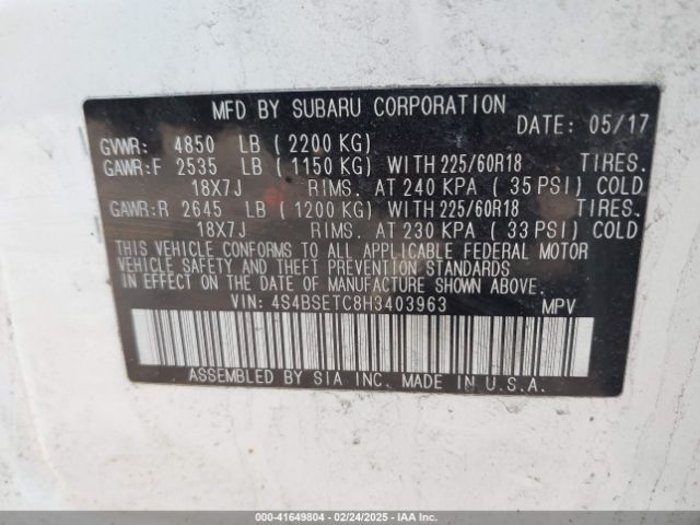 4S4BSETC8H3403963 Subaru Outback 3.6r Touring